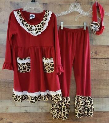 Modest Daughters Girls Sz 7-8 T Three Piece Dress Leggings Set Red Brown Leopard