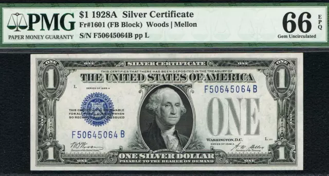 $1 1928A  Silver Certificate. FB  Block. PMG 66 EPQ. Repeater Serial Number