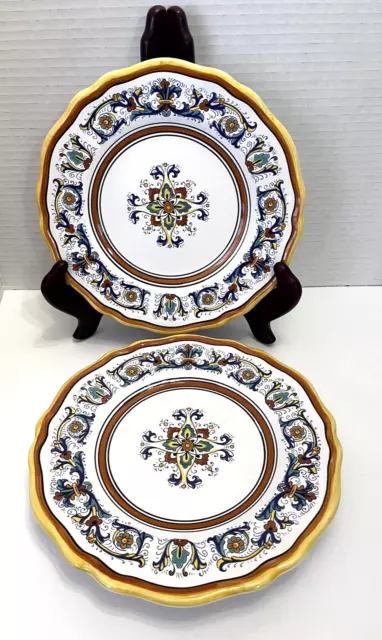 Set of 2 Salad Plates Nova Deruta Italian Pottery Floral Scroll Rim Yellow Trim