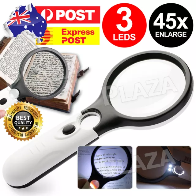 Handheld Magnifying Glass With 3LED Light 45X High Powe Illuminated Magnifier AU