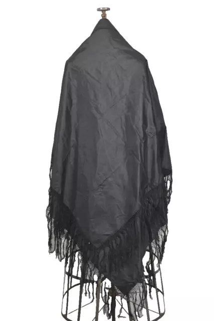 shawl cape black taffeta silk fringe large 66 x 66 in w/fringe 19th c original