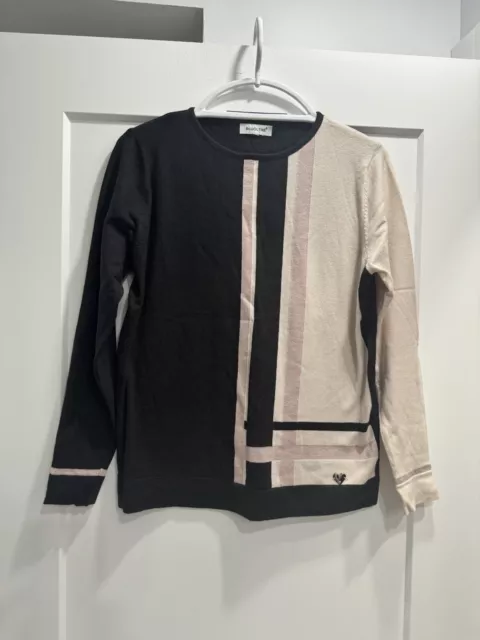 BLUOLTRE black and off-white sweater with pink lured stripes. Size M. New