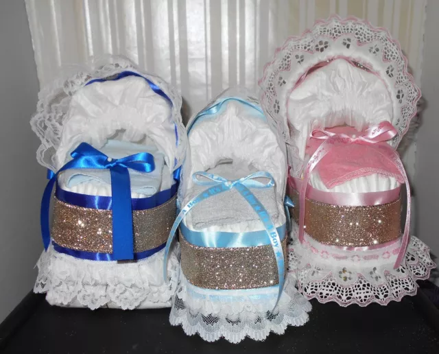 Gold Blue Pink Mini Bassinet Diaper Cake Baby Shower Gift Centerpiece You Choose