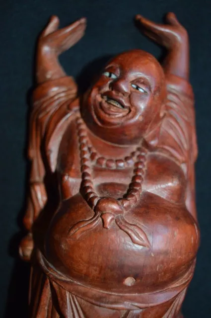 Chinese VTG LG Wood Carving Happy Laughing Buddha Statue Inlayed teeth eyes 8.5"