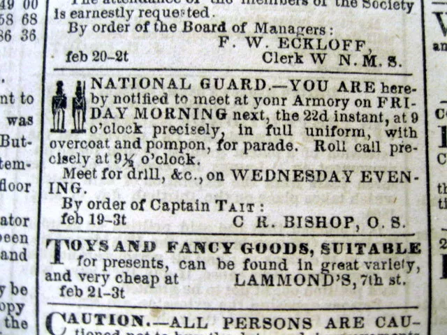 1856 Washington newspaper w illustrated DC NATIONAL GUARD AD Uniformed Soldier