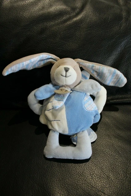 DOUDOU ET COMPAGNIE hochet lapin Celestin bleu blanc gris poisson rayures TTBE