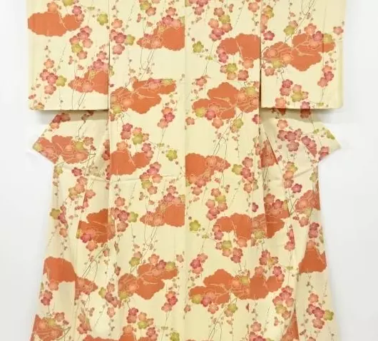 Japanese Vintage Antique Kimono Silk Komon Cream Plum Orange From Japan