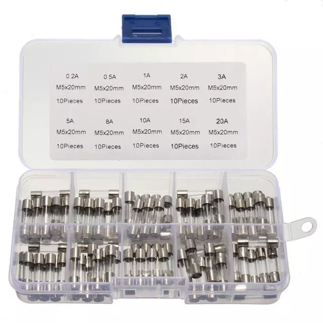 100 pz fusibili tubo di vetro per auto assortiti 10 tipi 0,2 A-20 A fusibile tubo di vetro fusibile fine