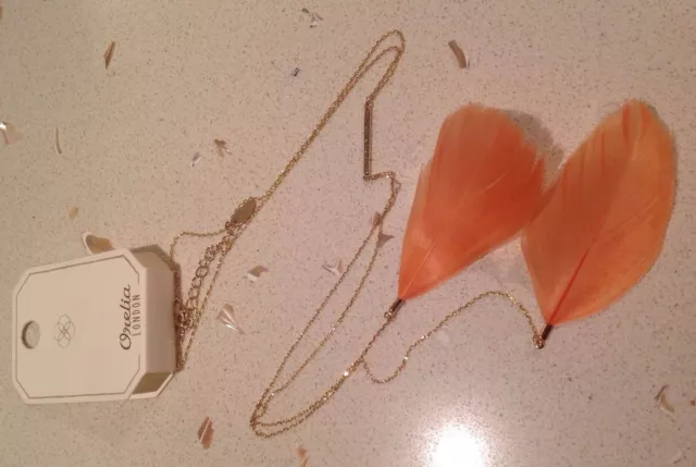 Orelia Necklace ~Rrp £18~ Coral Feather Pale Gold Lariat Long Boho Chic  ~9611~