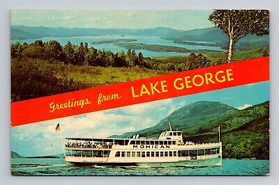 Greetings from Lake George NY Banner MV Mohican Boat Vtg Postcard Dual View UNP
