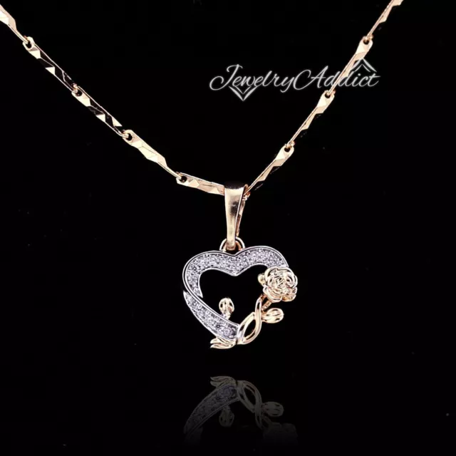 18K Rose Gold Gf Love Heart Rose Flower Womens Simulant Diamond Pendant Necklace