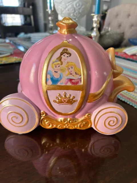 Vintage Disney Princess Pink Carriage Gold Ceramic Piggy Bank - Excellent