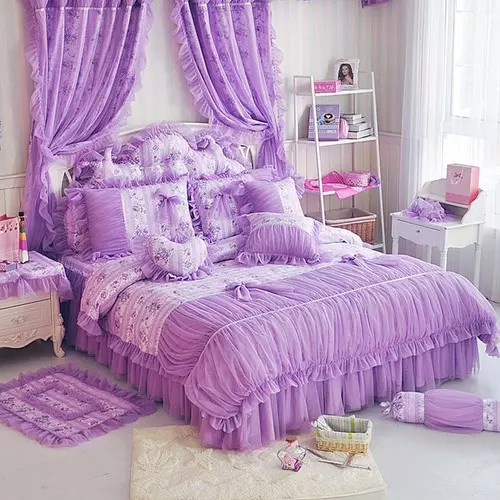 100%Cotton Purple Floral Print Lace Princess Bedding Set Korean Bedskirt Linen