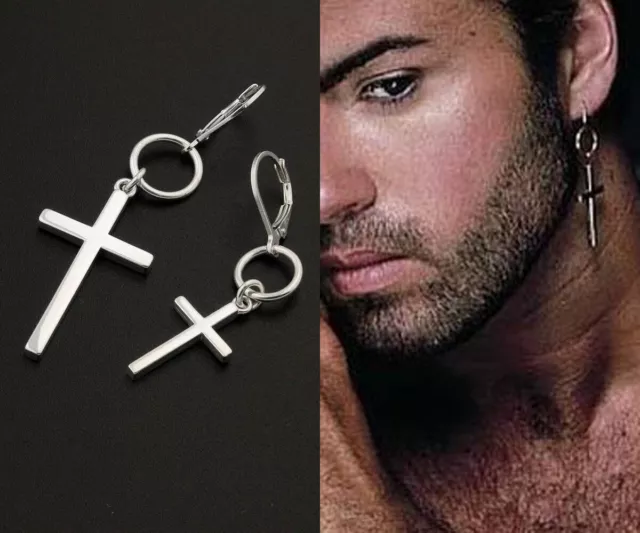 Earring Sterling Silver 925 George Michael Cross Earring Unisex Hoop ONE PIECE