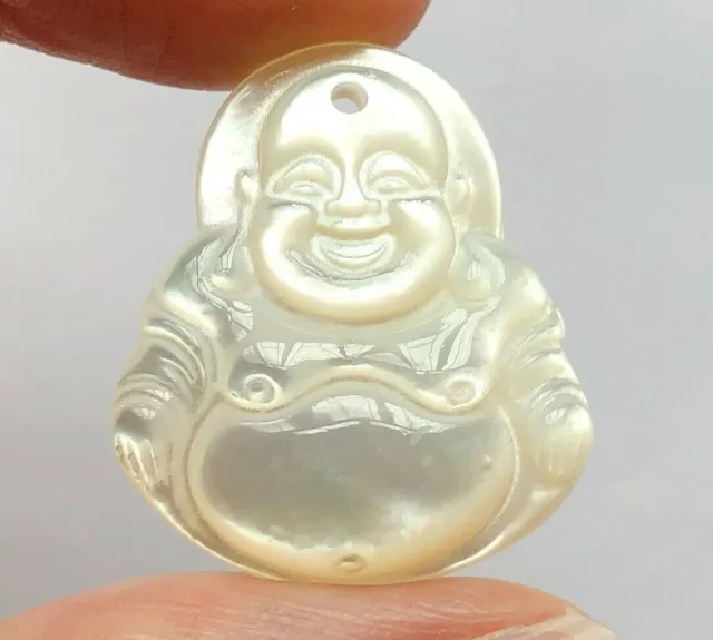 White Mother of Pearl Hand Carved Laughing Buddha 21x25 mm Pendant Charm C8311