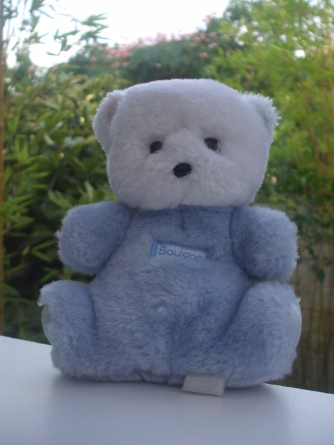 Ancien Vintage Peluche Doudou Ours Blanc Bleu 16 Cm Hochet Grelot Boulgom