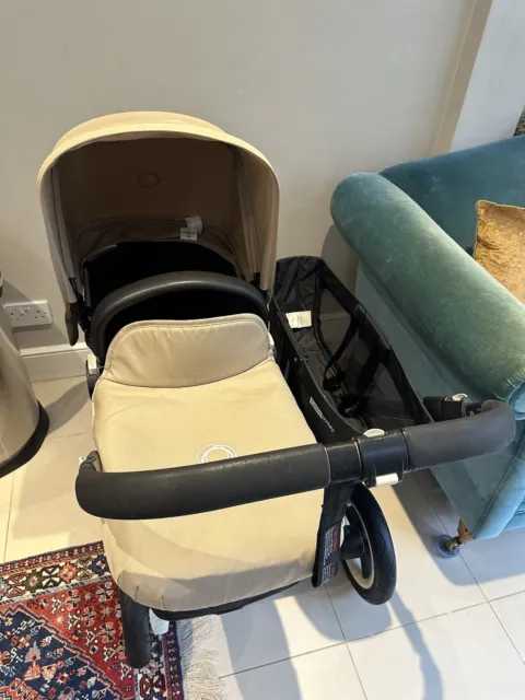 Bugaboo donkey, black with beige covers, clean, bassinet, seat and basket