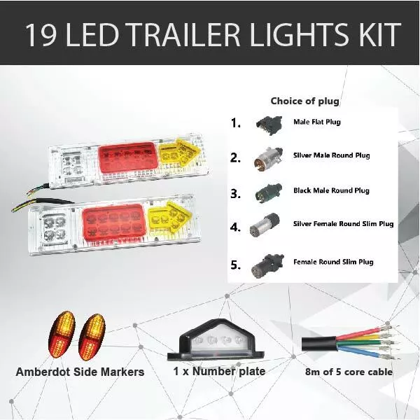 2 x 19 LED TRAILER LIGHTS KIT, Trailer Plug, CABLE, Side Marker, No. Plate Light