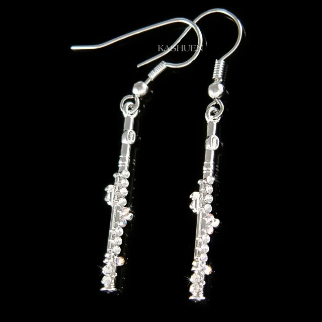 Flute Piccolo Woodwind made with Swarovski Crystal Music Earrings Jewelry New