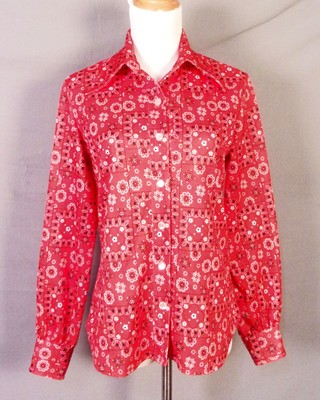 Vintage 60s 70s Rétro Grand Col Texturé Polyeser Chemise Disco Haut Bandana L