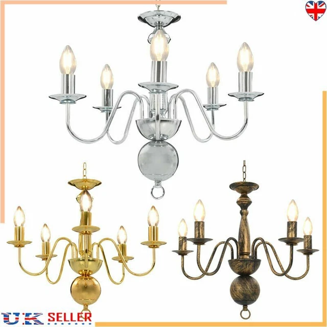 Antique Chandelier Crystal Candle 5 Arms Ceiling Light Droplets Pendant Lamp UK