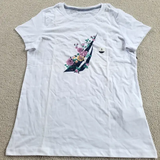 Nautica Women Big Sail Logo Flower Tee White SS Crew Neck T Shirt Small