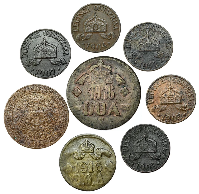 GERMAN EAST AFRICA 1891/1916 Pesa, 1 ,5 & 20 Heller 7-Coin Type Set