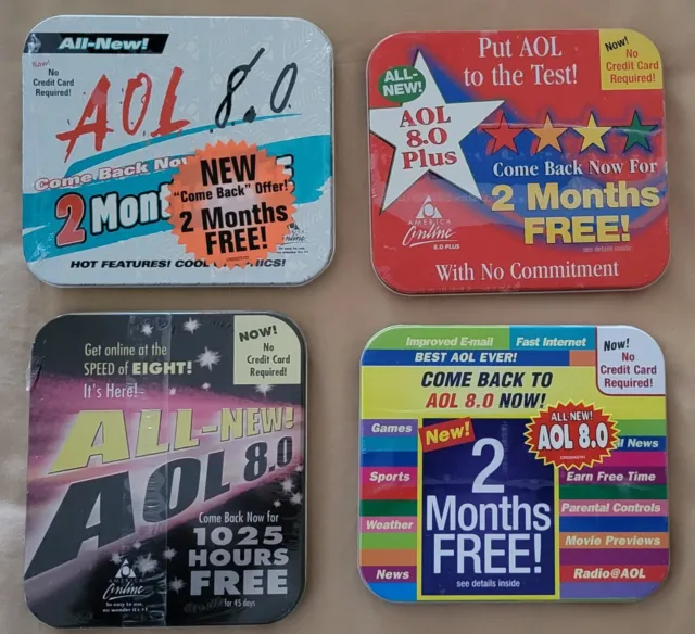 Vintage AOL Diskettes in Unopened Unwrapped Tin Containers. Lot of Four. AOLGRP2