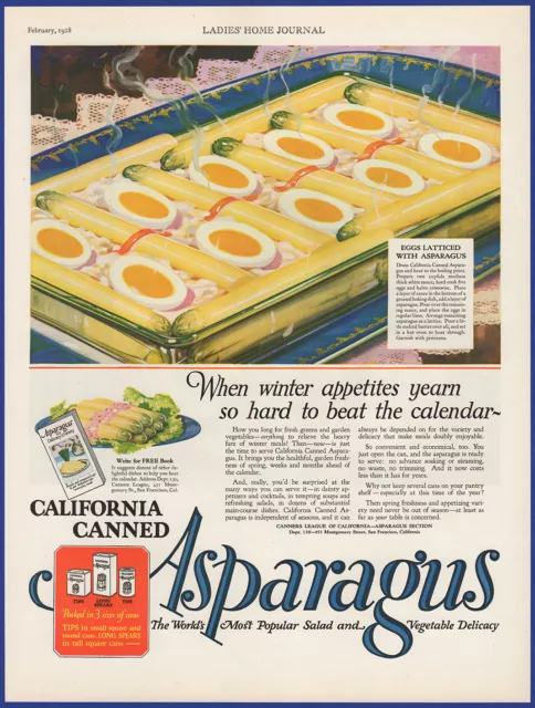 Vintage 1928 CALIFORNIA CANNED ASPARAGUS Vegetables Ephemera 1920's Print Ad
