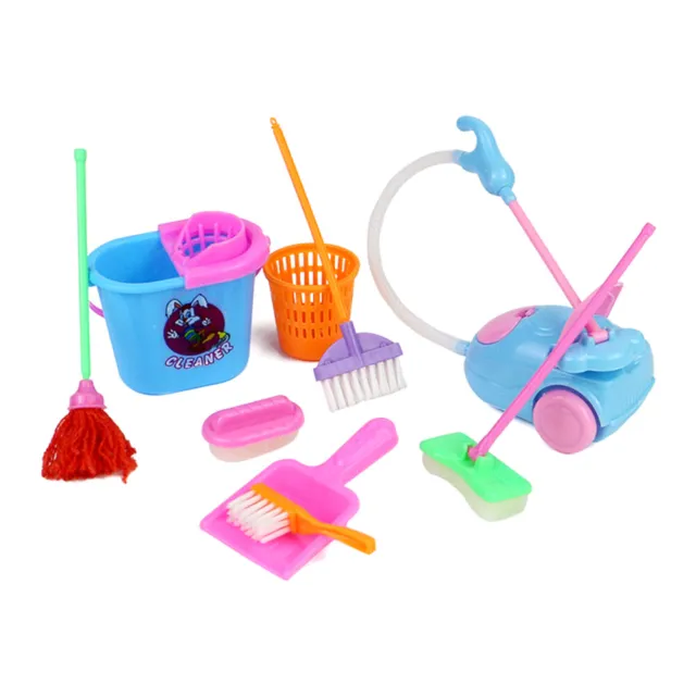 9Pcs Kids Pretend Play Toy Cleaner Cleaning Set Broom Mop Bucket  Tools Duster