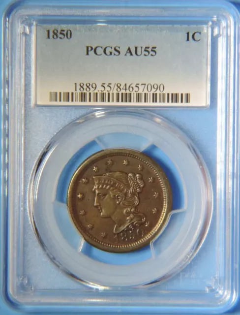 1850 Braided Hair Large Cent PCGS Graded AU55 Almost Uncirculated