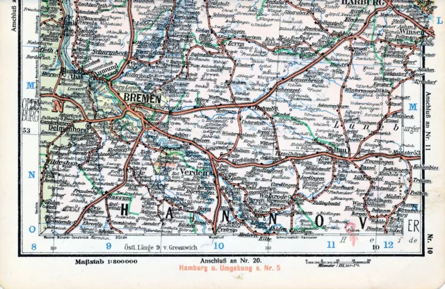 Bremen Verden Soltau Winsen 1930 orig. Teil-Eisenbahn-Karte Aumund Zeven Bassum