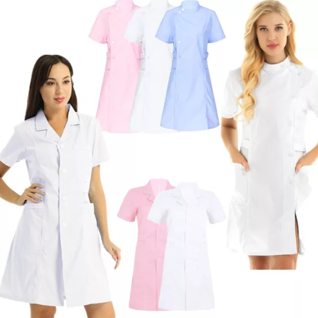 UK Womens Nurse Cosplay Costume Dress Short Sleeve Solid Scrub Lab Coat Uniform 2