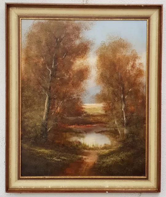 Wunderschönes Antikes Ölgemälde Kunstwerk mit Rahmen Landschaft Wald See Herbst