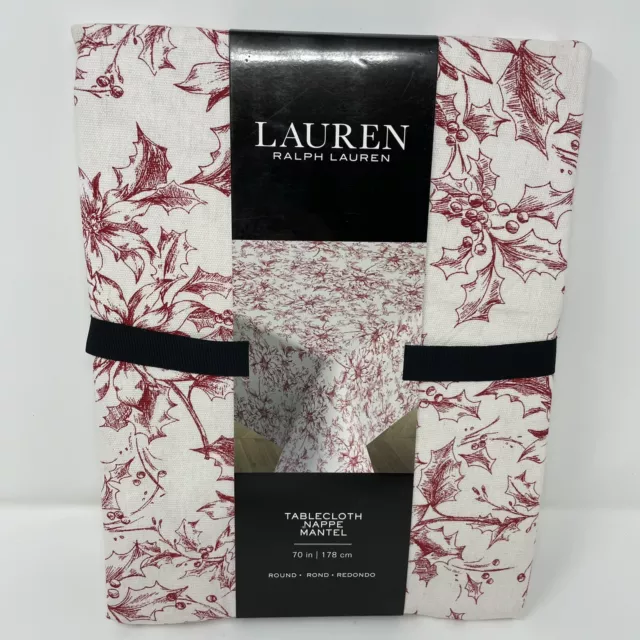 Lauren Ralph Lauren Tablecloth Cotton Red Poinsettia 70" Round Holiday Christmas