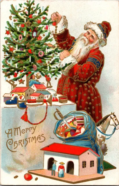 Antique Christmas Postcard Santa Red Coat Old World Decorates Victorian Tree