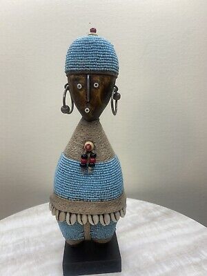 Namji african fertility doll hand carved wood w/ beads 10" X 3" , light blue bea
