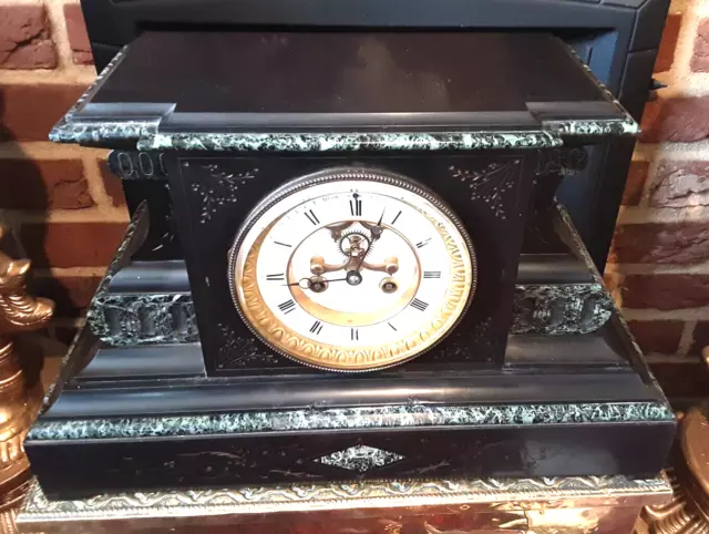 Impressive large Antique French Black Slate Mantle Clock open escarpment