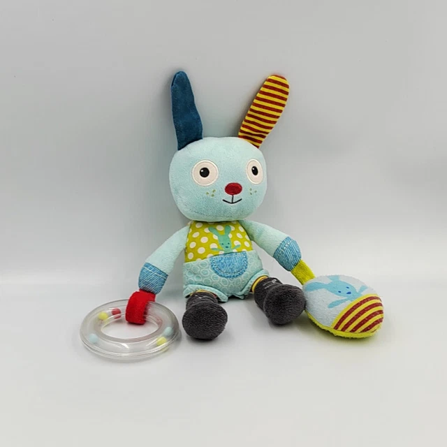 Doudou lapin chien bleu vert pois hochet POMMETTE - 32133
