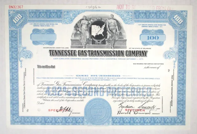 Tennessee Gas Transmission Co., 1962. 100 Shrs Preferred Stock Specimen Cert. XF