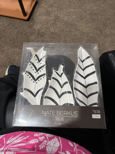 Nate Berkus Stoneware Tray Set 3 Pieces Black White Feather Design 8 inches