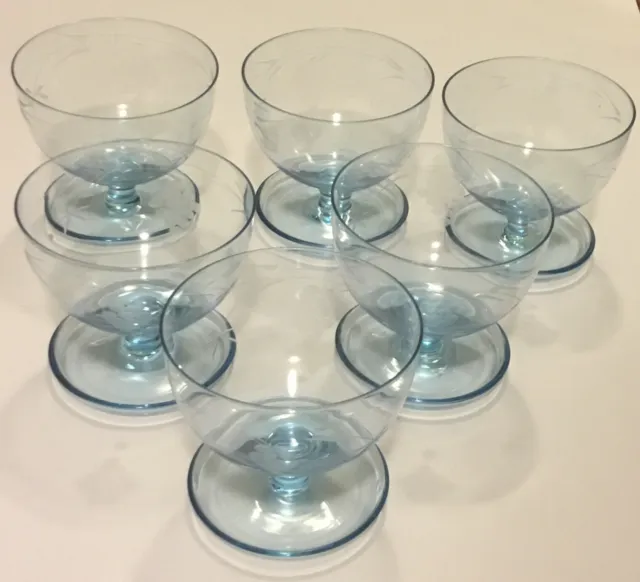 6 Vintage Dessert Bowls Etched Glasses Footed Blue Dishes Pedestal Set Of Six