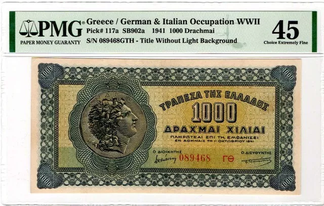 GREECE 1000 DRACHMAI 1941 PMG 45 UNC BANKNOTE p117a DARK VARIETY RARE!