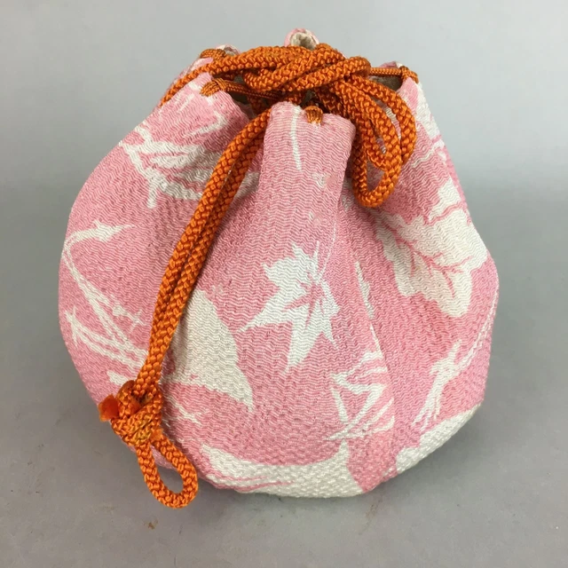 Japanese Cloth Drawstring Bag Vtg Fabric Kimono Pouch Pink Leaf KB17