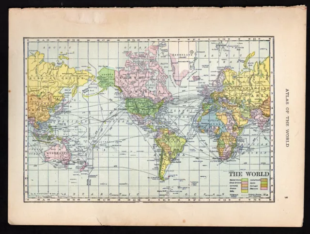 1912 Hammond Map of The World showing Colonial Possesions & Telegraph Cables