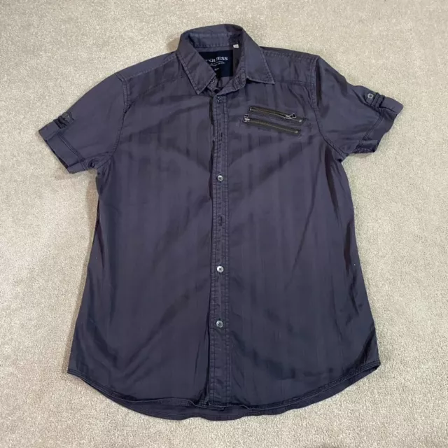 Guess Shirt Mens Small S Blue Grey Short Sleeve Button Up Casual Zipper Logo