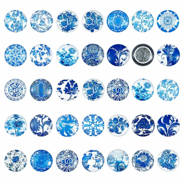 10x Floral Pattern Printed Glass Flatback Cabochons SteelBlue Half Round/Dome