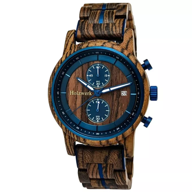 Holzwerk SEELAND Herren Holz Uhr Chronograph mit Datum in Walnuss braun, blau