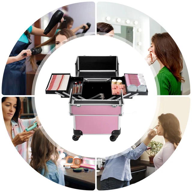 Professional Makeup Train Case Rolling Cosmetic Trolley Beauty Travel Box Pink