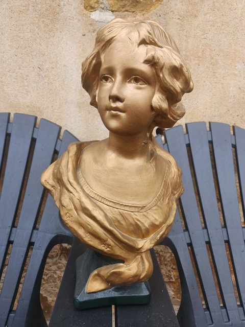 Buste Ancien En Plâtre 'Le Printemps' - Fille Et Oiseaux - Sculpture Vintage Déco